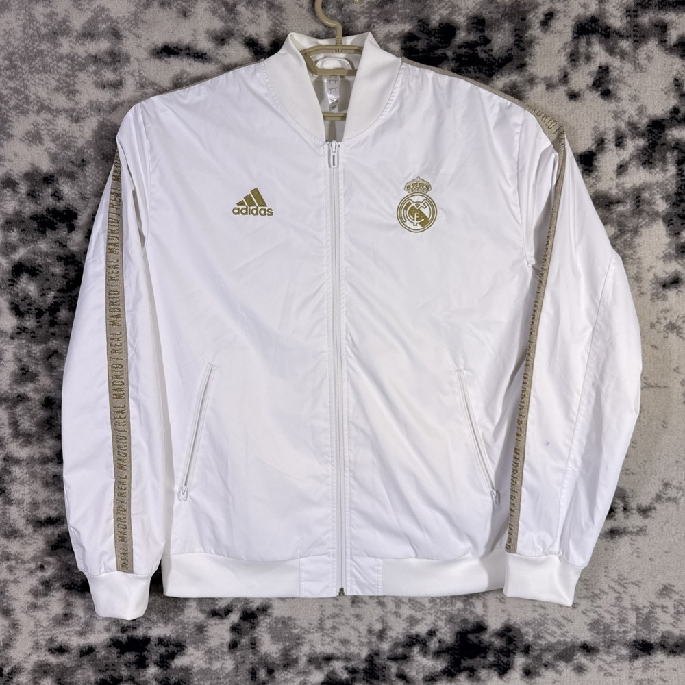 Adidas Real Madrid Windbreaker Mens Size Large White Bomber White Gold Embroidry